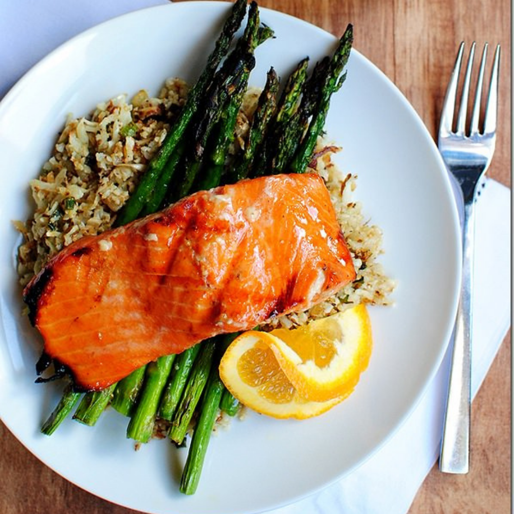 Salmon with Rice Pilaf and Asparagus